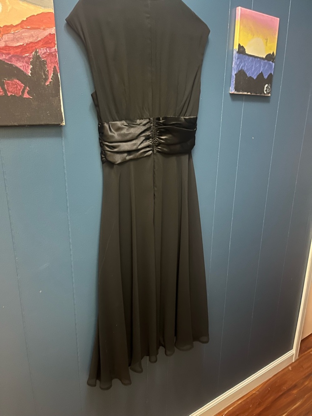 connected apparel Black Midi A-Line Dress with Satin Waist